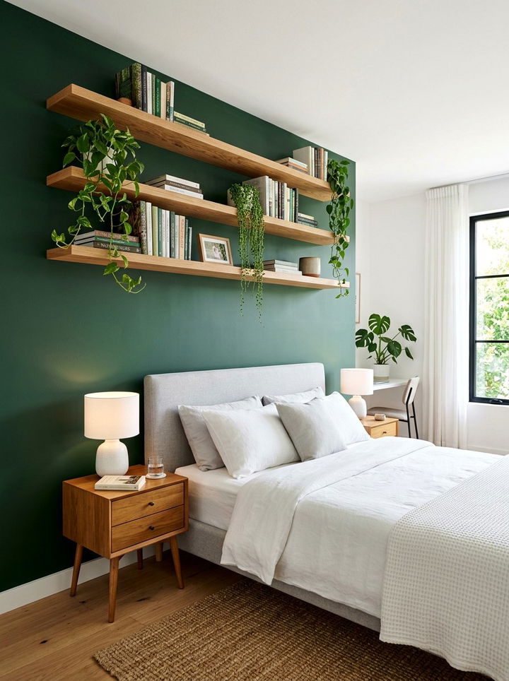 Forest green wall with floating shelves - 30 forest green accent wall bedroom