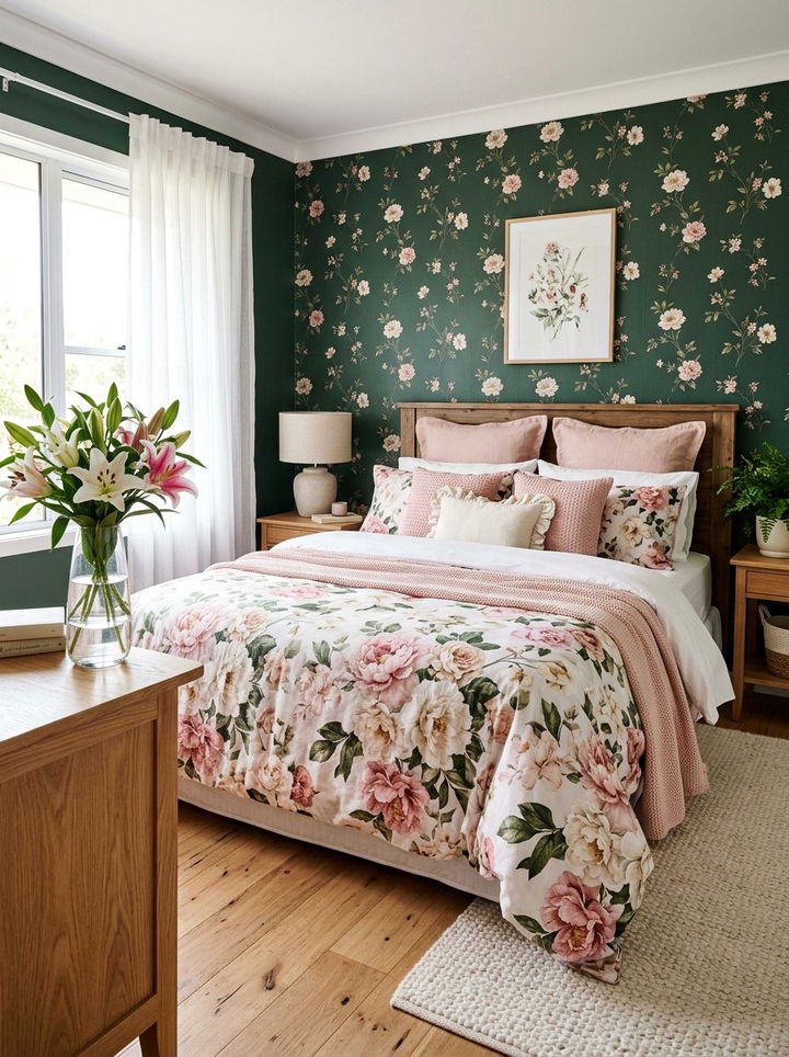 Forest green wall with floral accents - 30 forest green accent wall bedroom