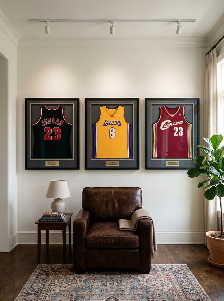 Framed Basketball Jersey Wall - 30 basketball bedroom ideas