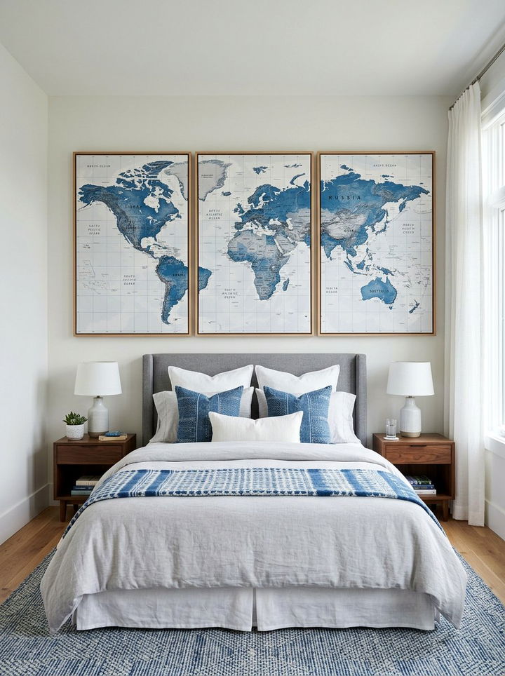 Framed Three Piece World Map Art - 30 world map bedroom ideas
