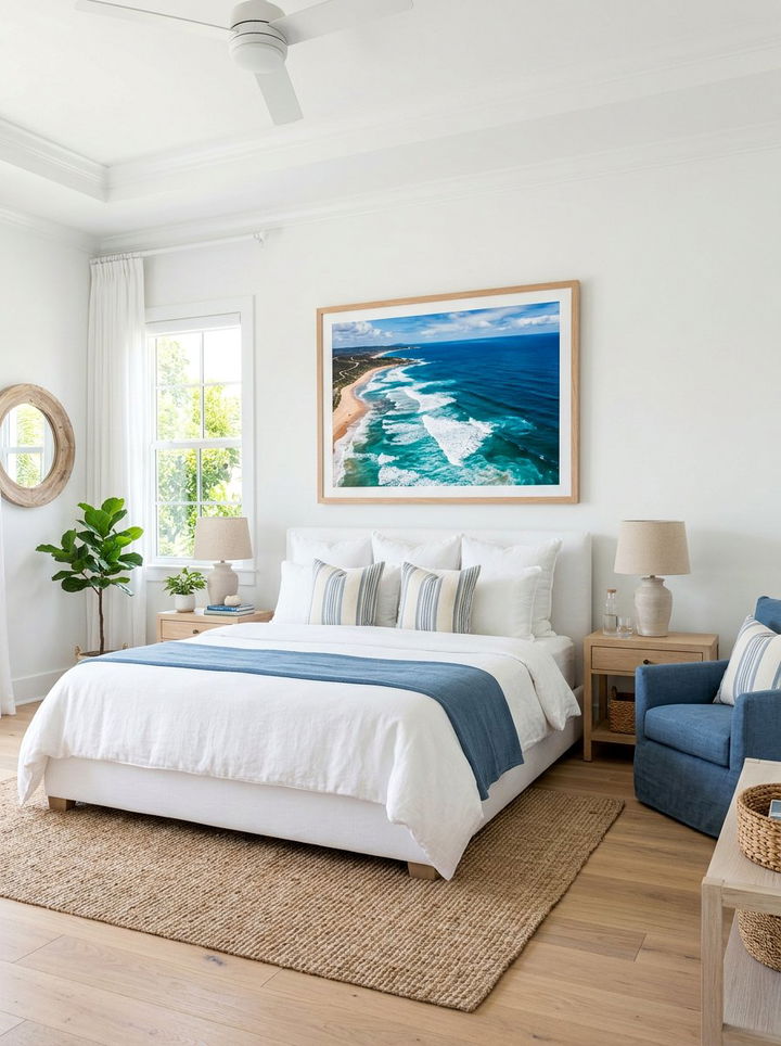 Framed coastal artwork - 30 coastal white bedroom ideas