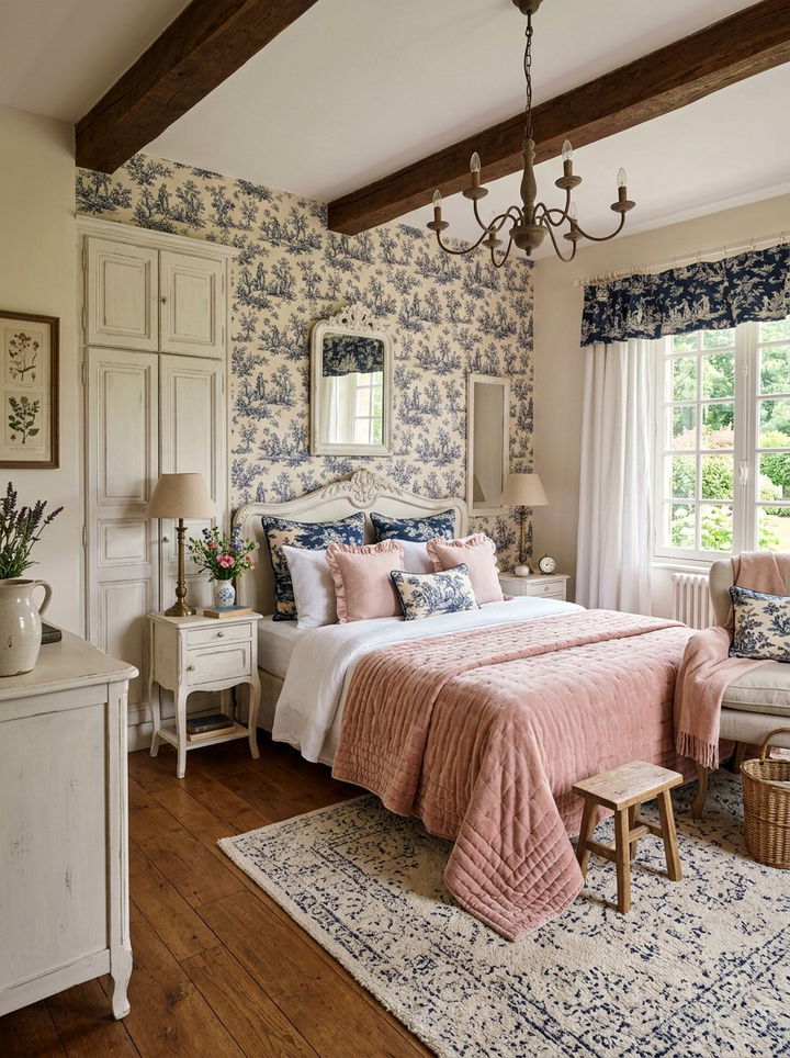 French Country Navy Pink - 30 navy and blush bedroom ideas