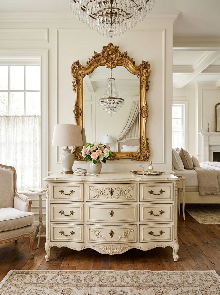 French country dresser with ornate mirror - 30 bedroom dresser with mirror ideas