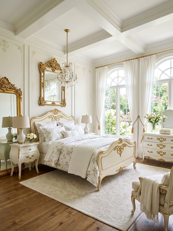 French country white bedroom with gold filigree - 30 gold and white bedroom ideas
