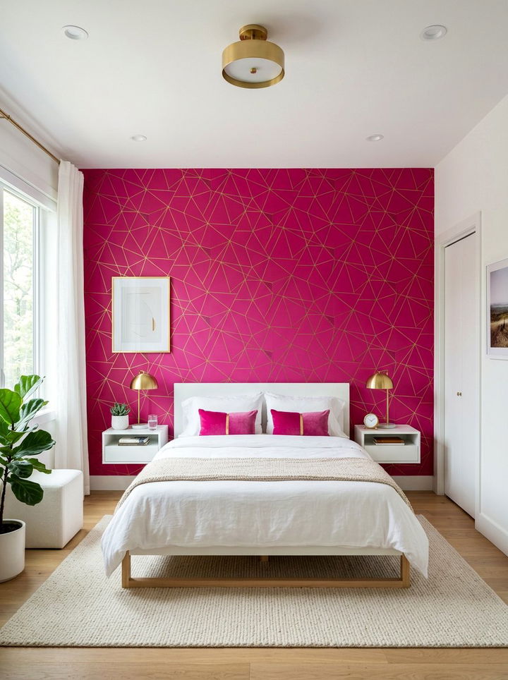 Fuchsia Geometric Wallpaper - 30 hot pink bedroom ideas