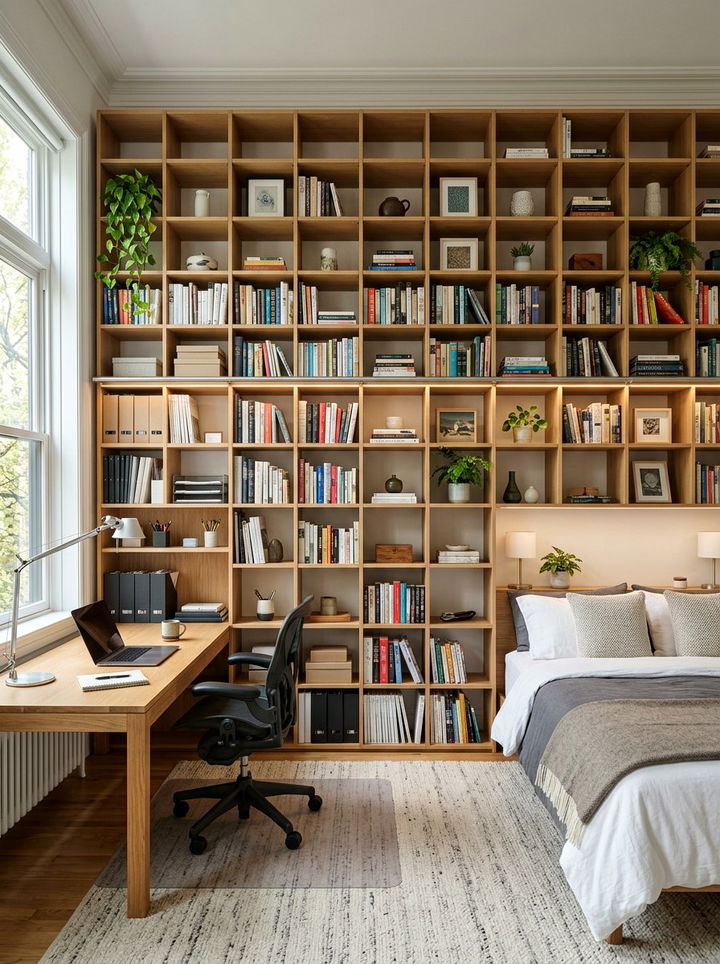 Full Wall Shelving System - 30 bedroom overhead storage ideas