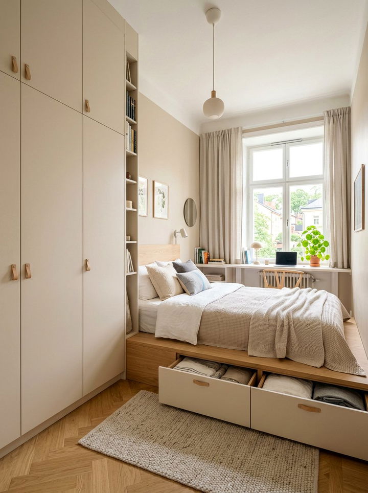 Functional Small Space Bedroom - 30 scandinavian beige bedroom ideas