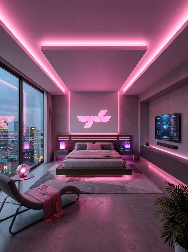 Futuristic Pink Lighting Setup - 30 neon pink bedroom ideas