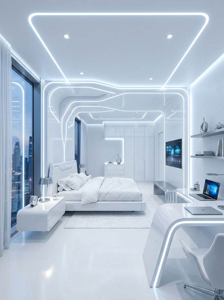 Futuristic White Neon Theme - 30 neon color bedroom ideas