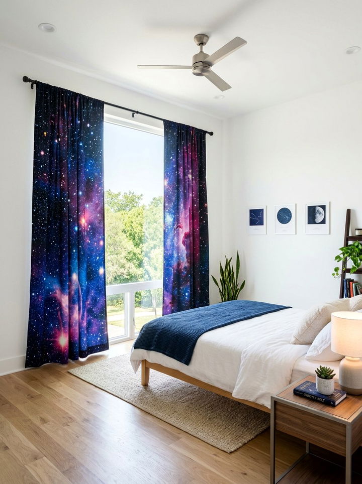 Galaxy Print Curtains - 30 solar system bedroom ideas