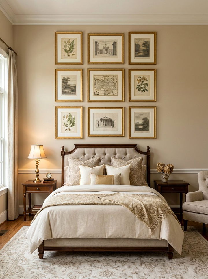 Gallery Wall Gold Frames Beige Bedroom - 30 traditional beige bedroom ideas