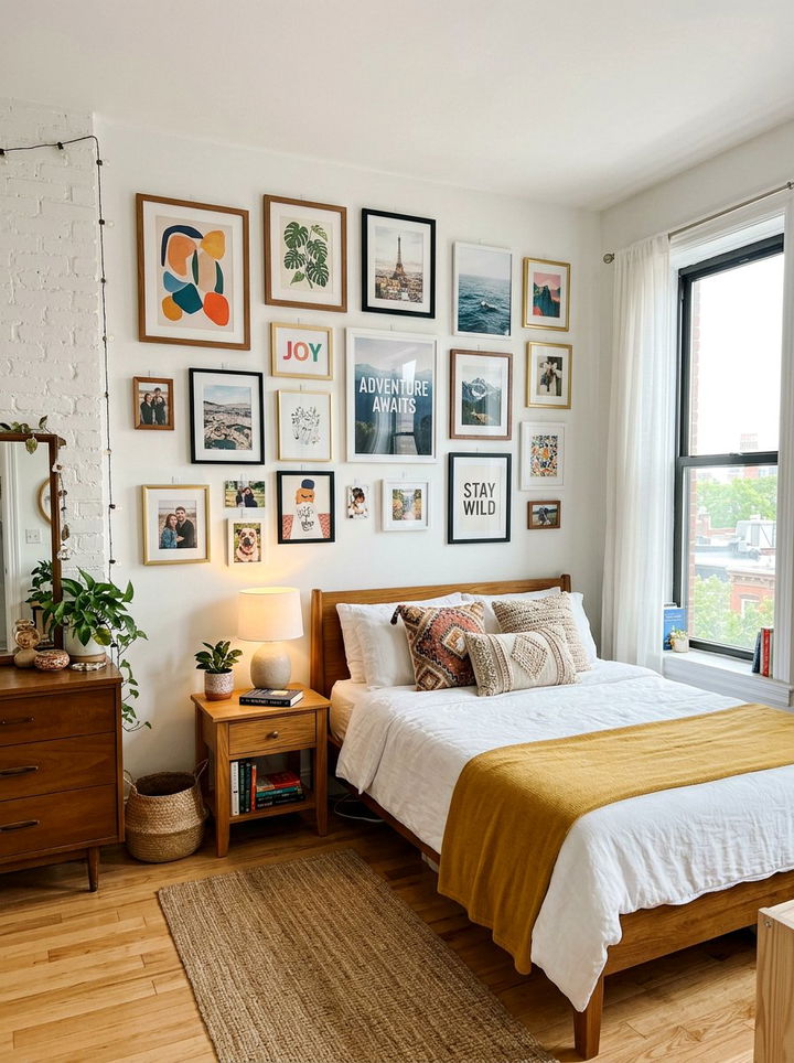 Gallery Wall With Adhesive Strips - 30 rental apartment bedroom ideas