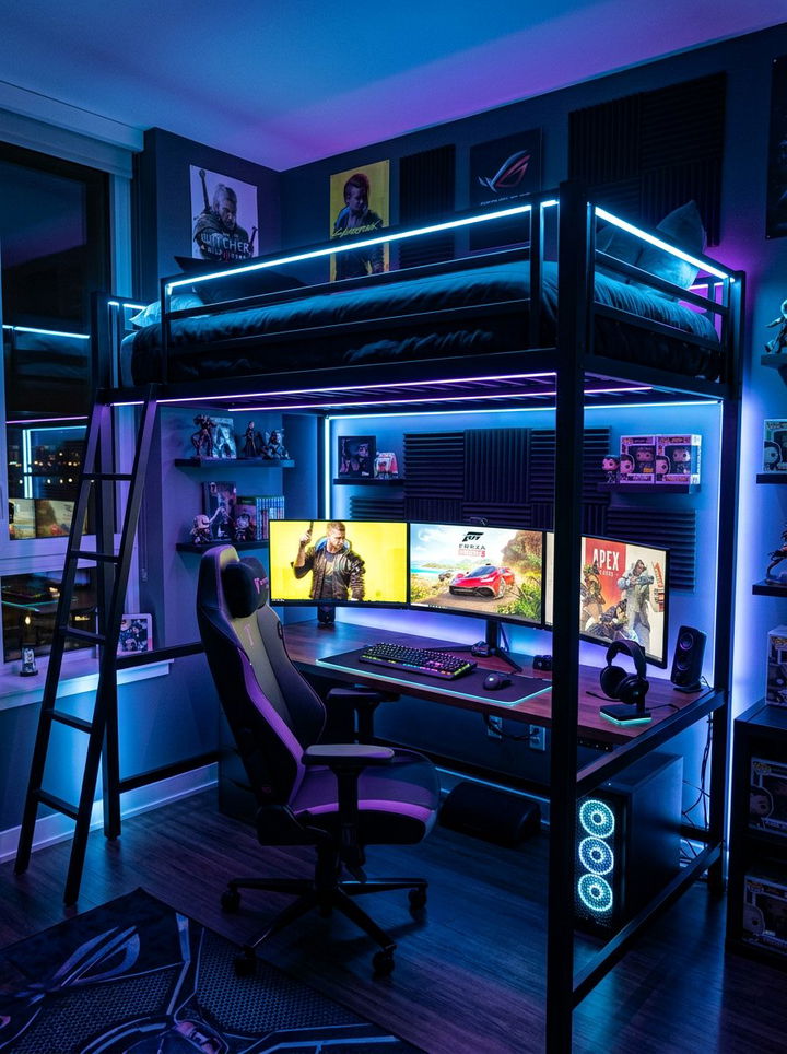 Gaming Loft Bed With LED Lights - 30 bedroom loft bed ideas