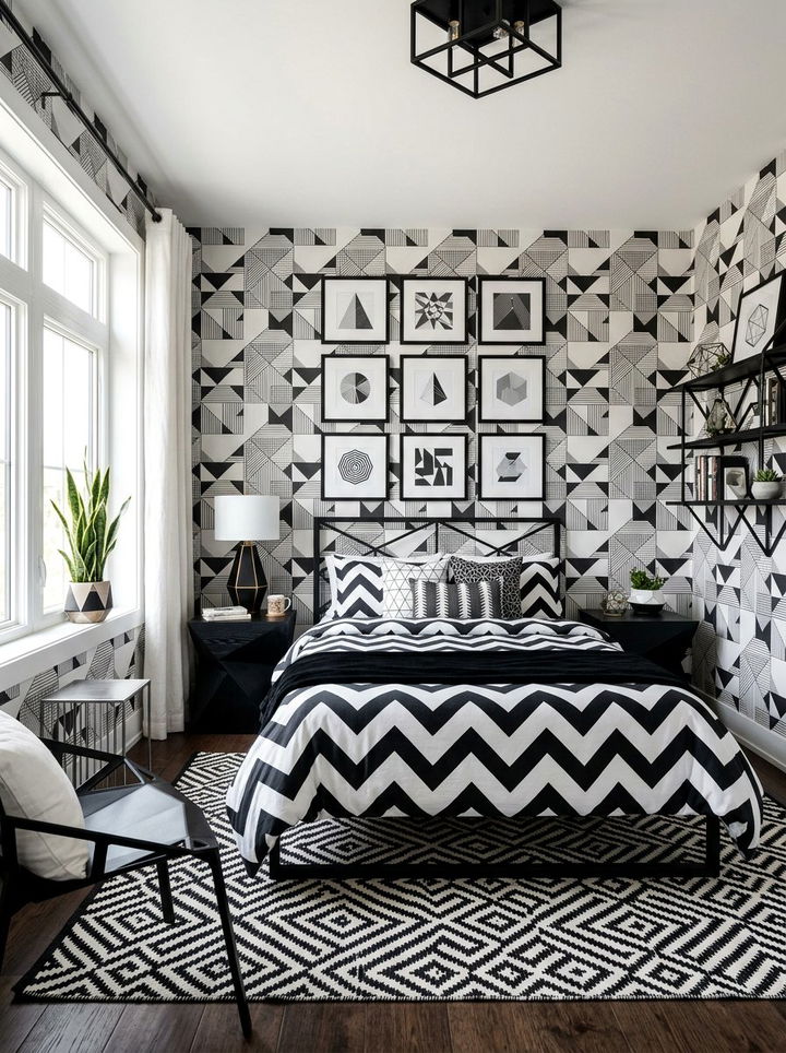 Geometric Black And White Bedroom - 30 black and white bedroom ideas