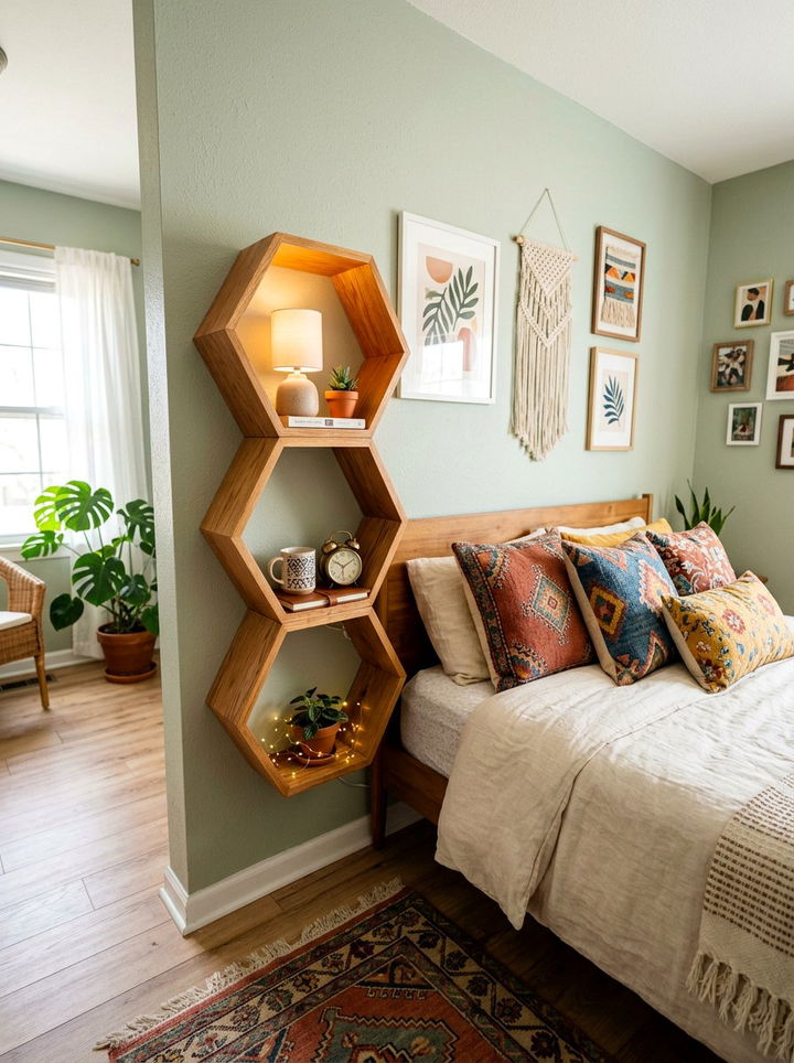 Geometric Floating Hexagon Shelf - 30 bedroom wall mounted nightstands