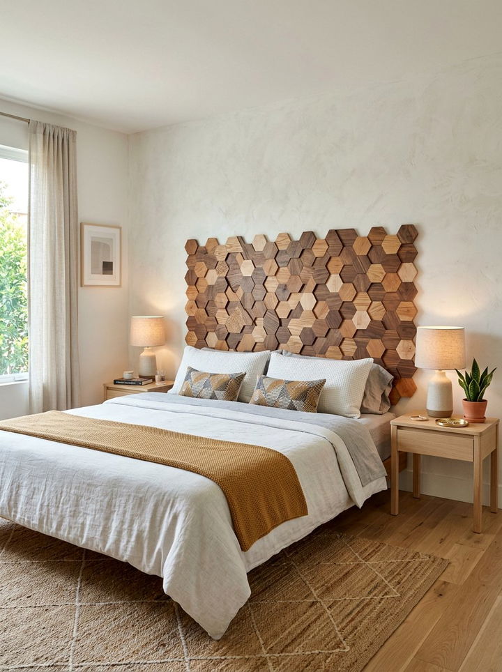 Geometric Pattern Floating Headboard - 30 bedroom floating headboard ideas