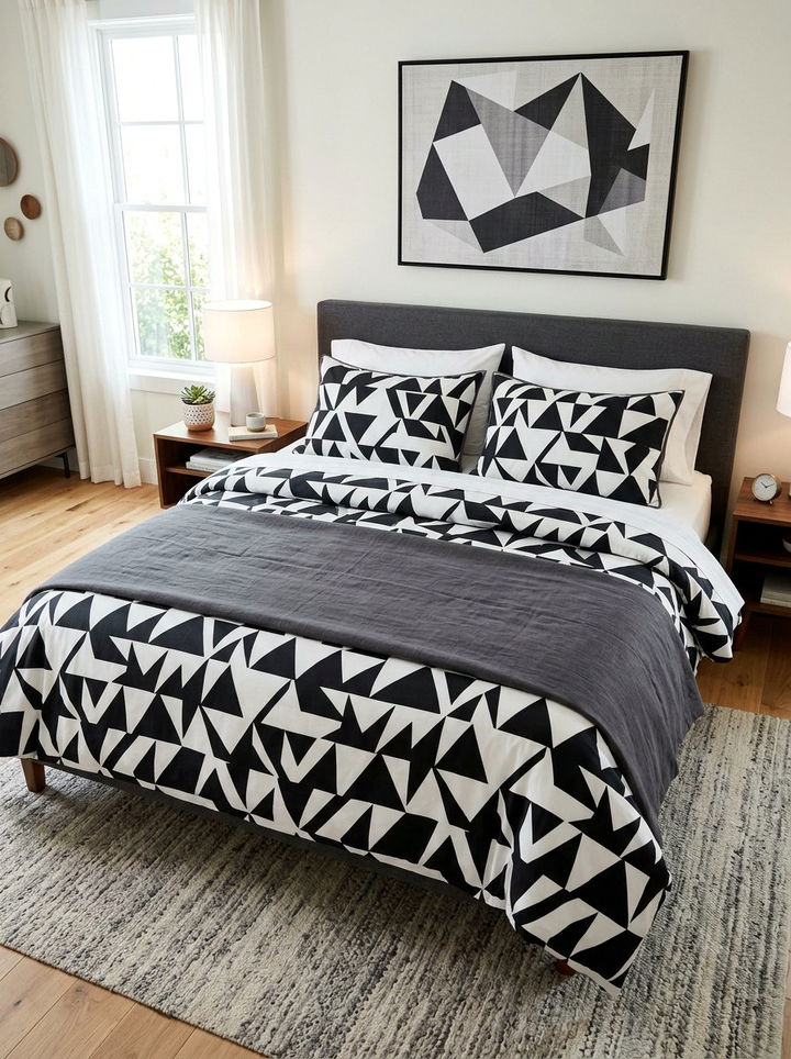 Geometric Print Bedding - 30 bedroom layered bedding ideas