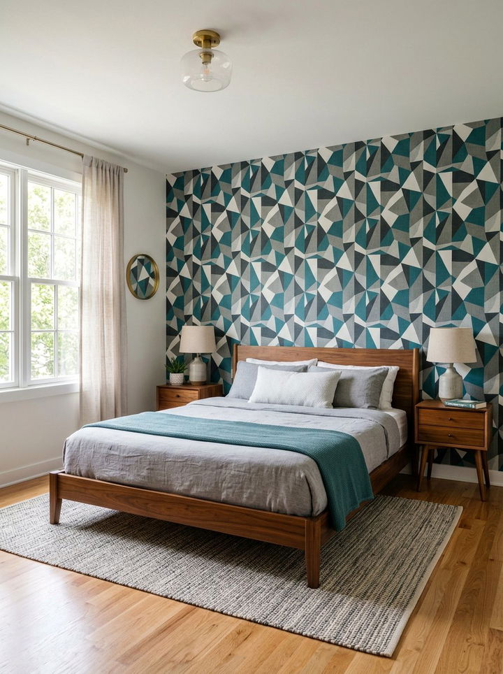 Geometric Wallpaper Accent Wall - 30 mid-century modern bedroom ideas