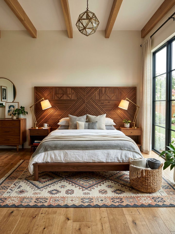 Geometric Wood Headboard - 30 mid-century glam bedroom ideas