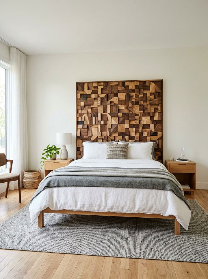 Geometric Wood Mosaic Headboard - 30 bedroom wooden headboards