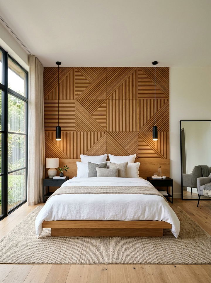 Geometric Wood Slat Wall - 30 bedroom geometric wall designs