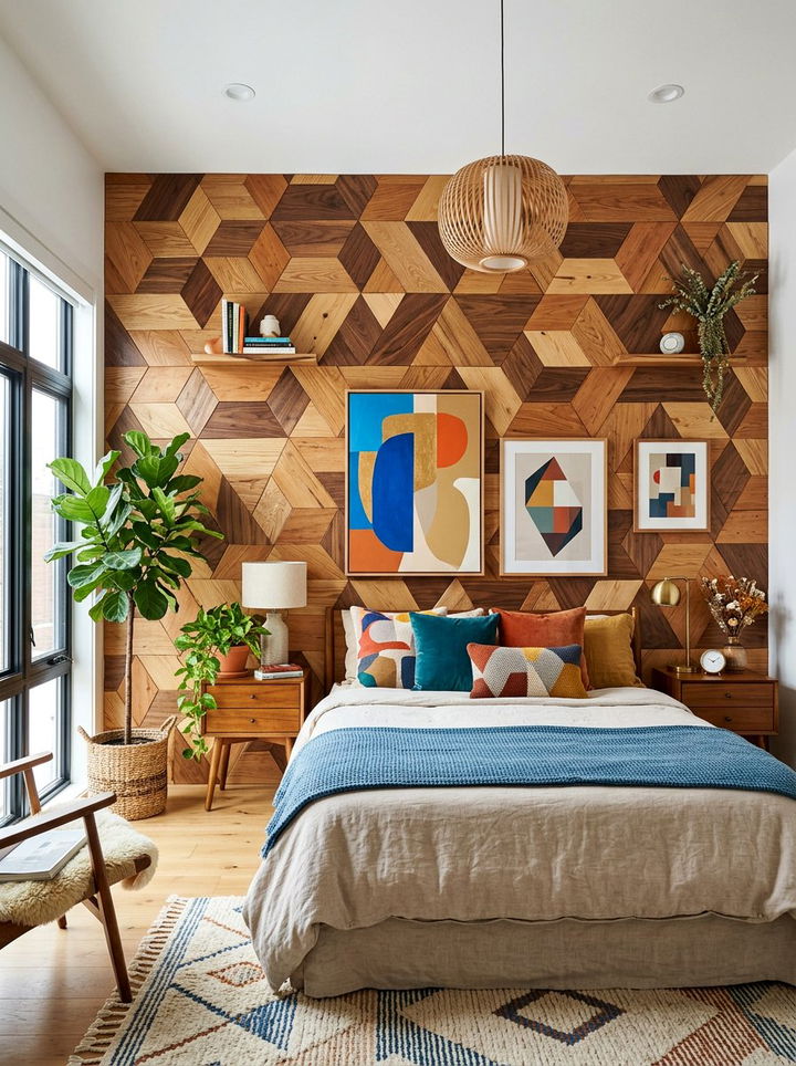 Geometric Wood Wall - 30 bedroom wood wall ideas