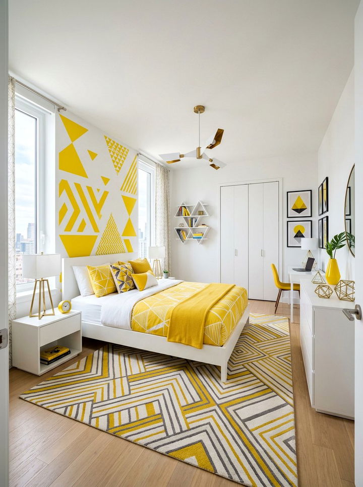 Geometric Yellow And White Bedroom - 30 yellow and white bedroom ideas