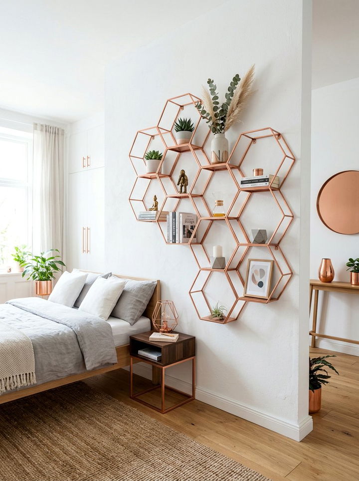 Geometric copper shelving - 30 copper accent bedroom ideas
