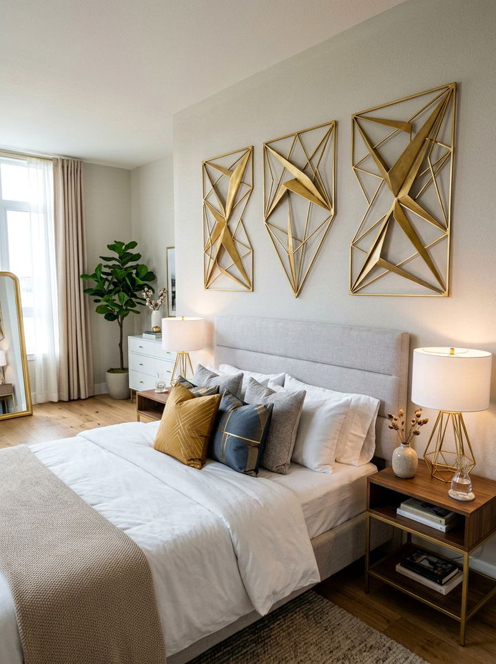 Geometric gold wall decor - 30 glam bedroom ideas