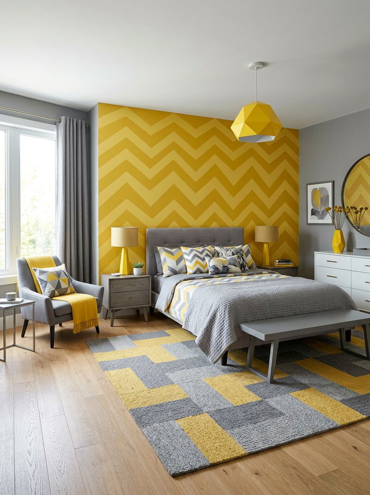Geometric gray and yellow bedroom - 30 yellow and gray bedroom color combo