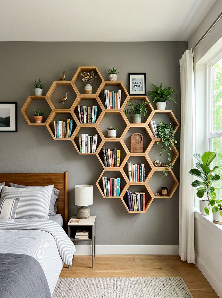 Geometric honeycomb shelf - 30 bedroom book displays