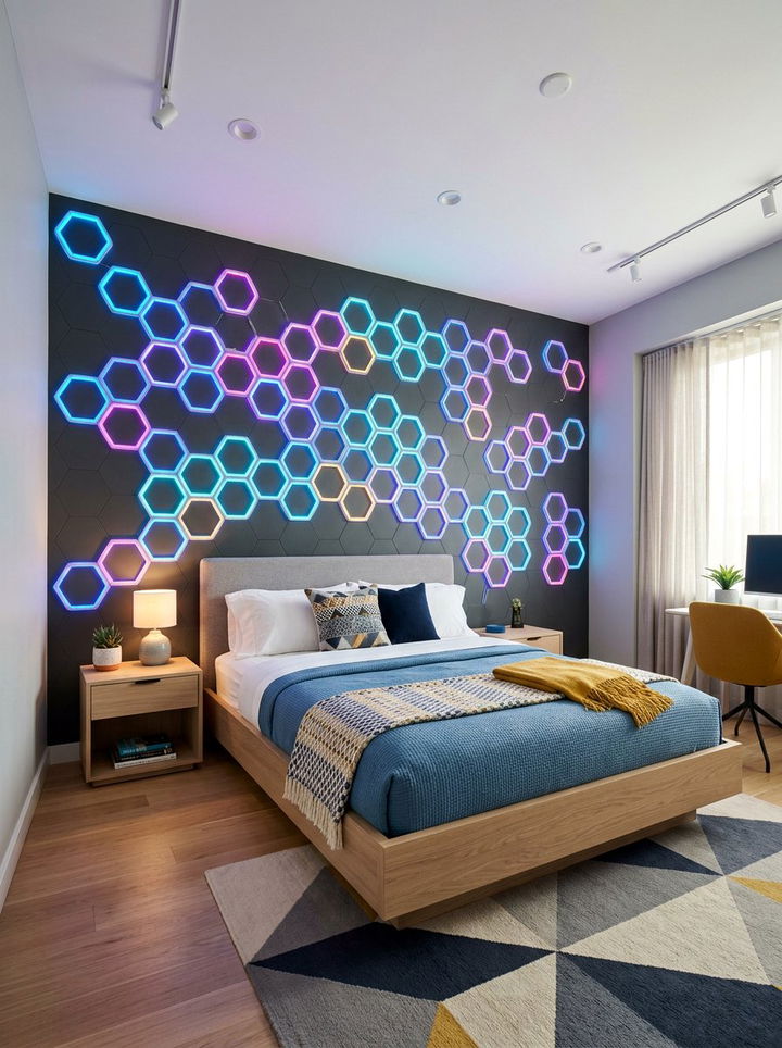 Geometric led wall patterns - 30 bedroom led strip lights ideas