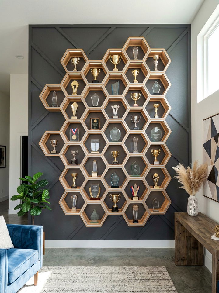 Geometric trophy shelf - 30 bedroom trophy display ideas