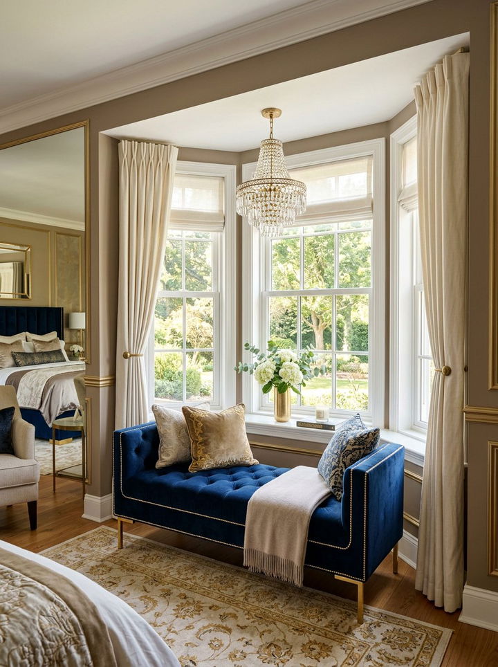 Glam Bedroom Bay Window Velvet Bench - 30 bedroom bay window ideas