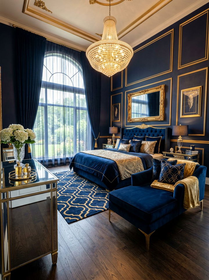 Glam Navy And Gold Bedroom Interior - 30 navy and gold bedroom ideas