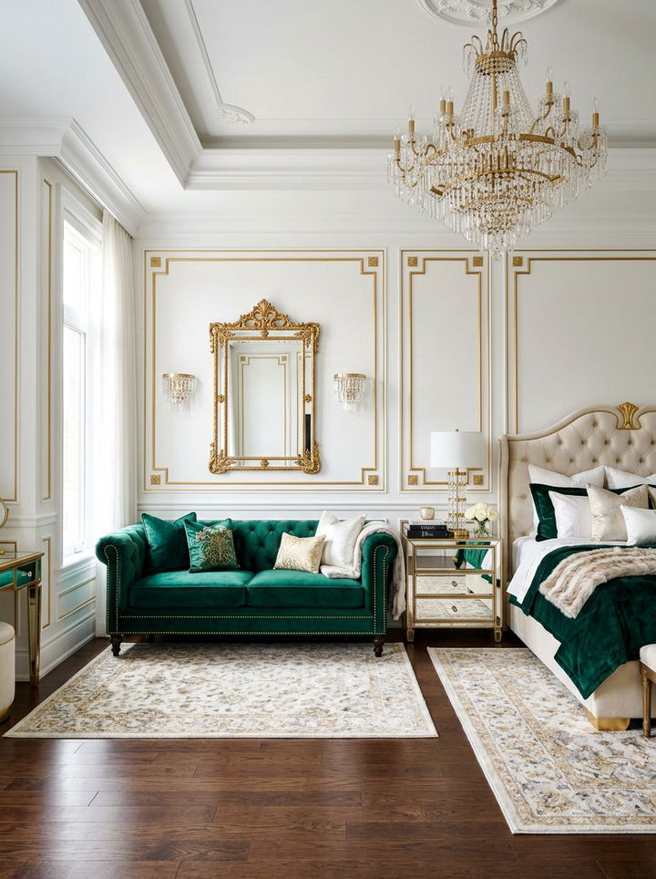 Glam bedroom velvet sofa - 30 bedroom with sitting area ideas