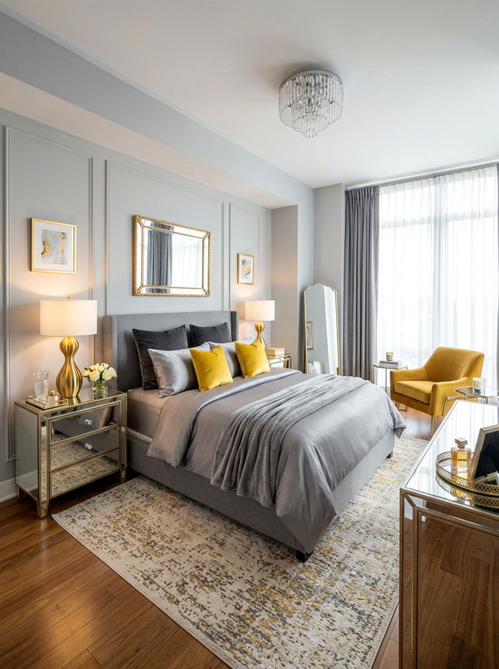 Glam gray yellow metallic bedroom - 30 gray yellow bedroom ideas