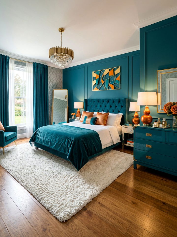 Glam teal and metallic orange bedroom - 30 teal and orange bedroom color combo
