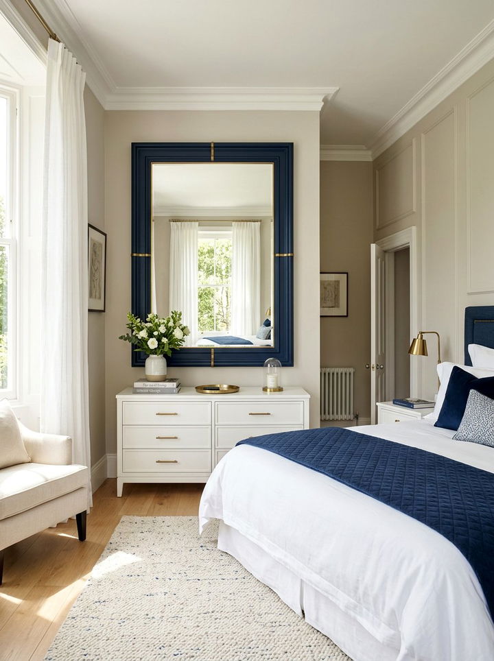 Glamorous Navy White Mirror - 30 navy and white bedroom ideas