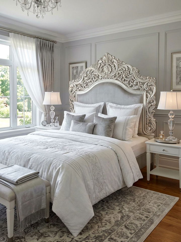 Glamorous Silver Headboard - 30 silver and white bedroom ideas