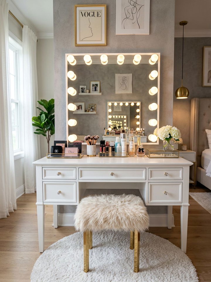 Glamorous White Makeup Vanity - 30 bedroom white furniture ideas