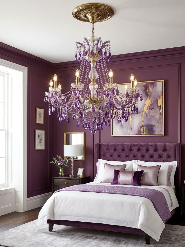 Glamorous purple bedroom chandelier - 30 deep purple bedroom ideas