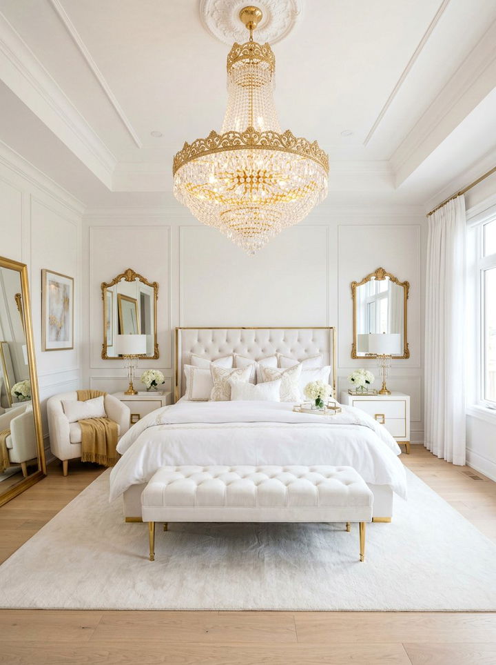 Glamorous white bedroom with gold chandelier - 30 gold and white bedroom ideas