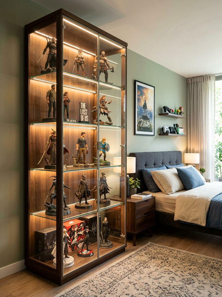 Glass Display Cabinet - 30 video game bedroom ideas