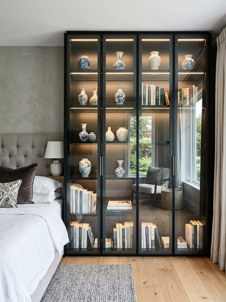 Glass Front Storage Units - 30 bedroom overhead storage ideas