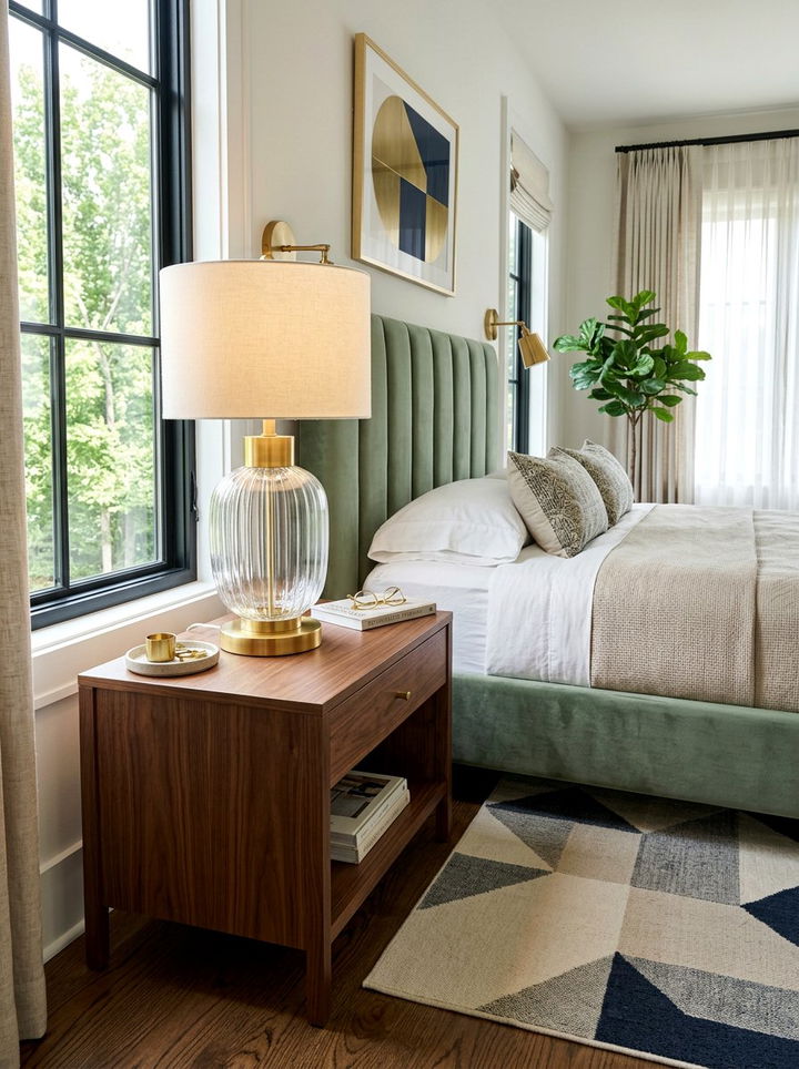 Glass Table Lamp - 30 mid-century glam bedroom ideas