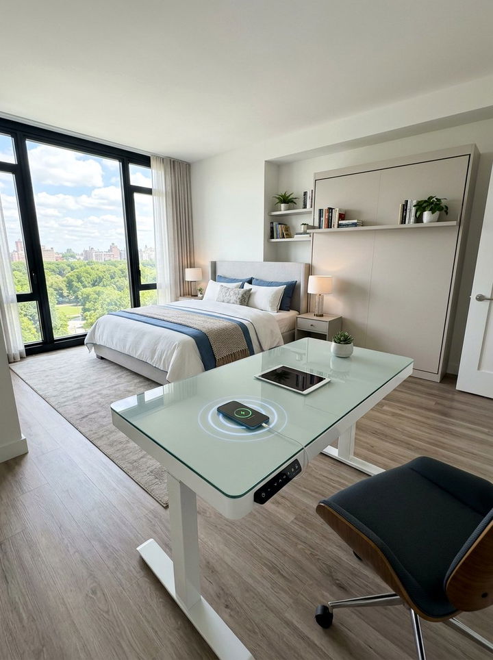 Glass Top Charging Desk - 30 bedroom phone chargers