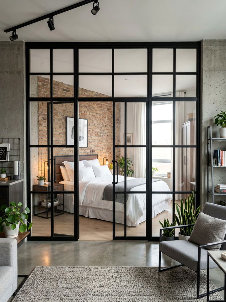 Glass Wall Partition - 30 loft style bedroom ideas