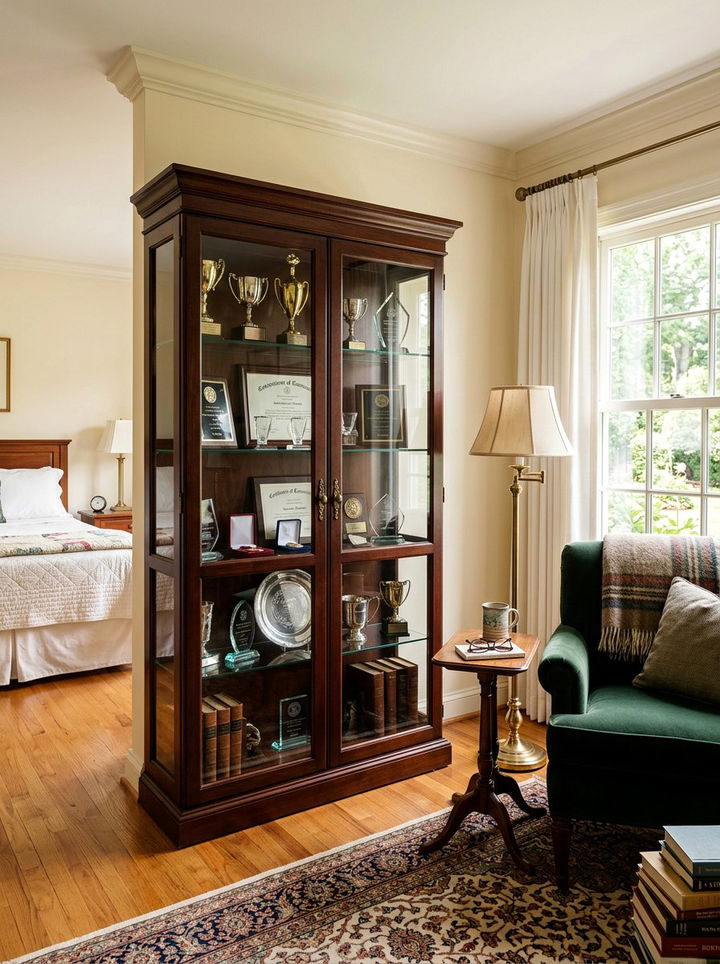 Glass door cabinet - 30 bedroom trophy display ideas