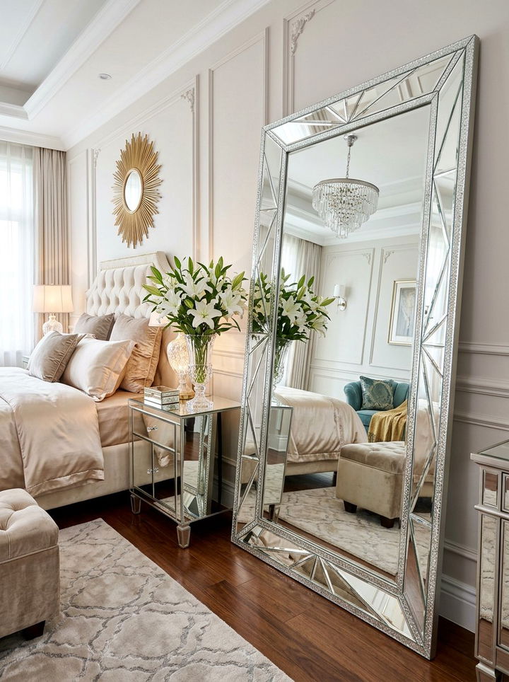 Glass frame leaning mirror - 30 bedroom leaning mirrors
